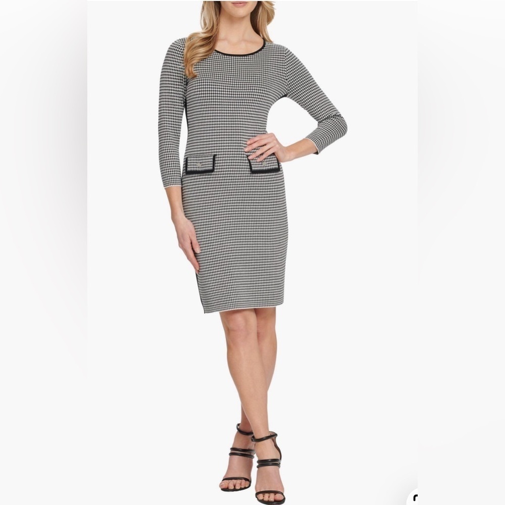 DKNY Long Sleeve Monochrome Houndstooth Pocket Sweater Mini Dress NWT L - Picture 2 of 12